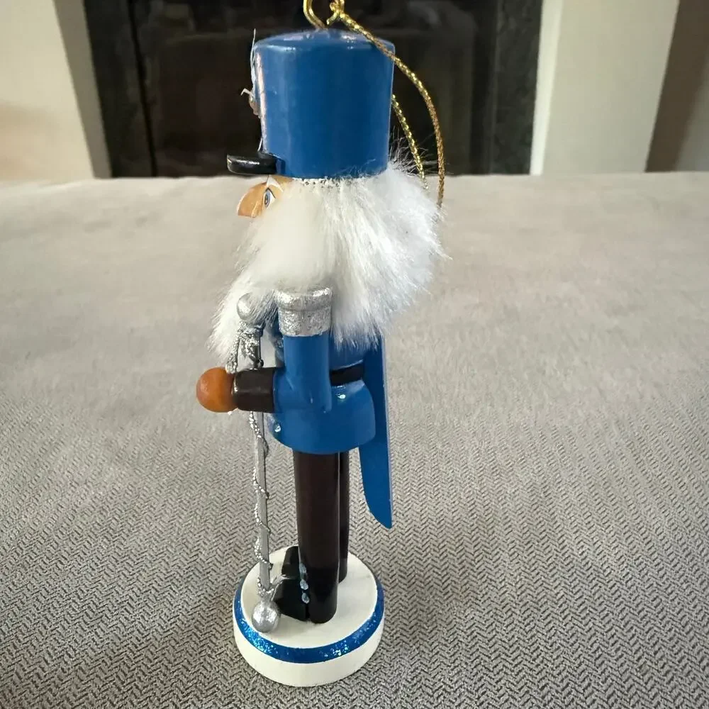 Blue Wooden Nutcracker Christmas Ornament Soldier Sword White Hair Holiday Decor